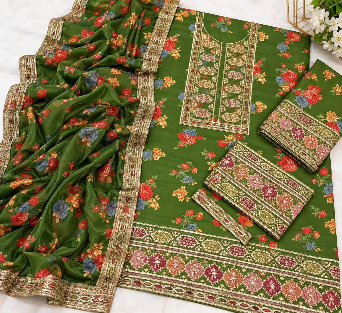 ANEELA’s PURE SILK WITH 4 side Lace Ready to Wear SILK DUPATTA