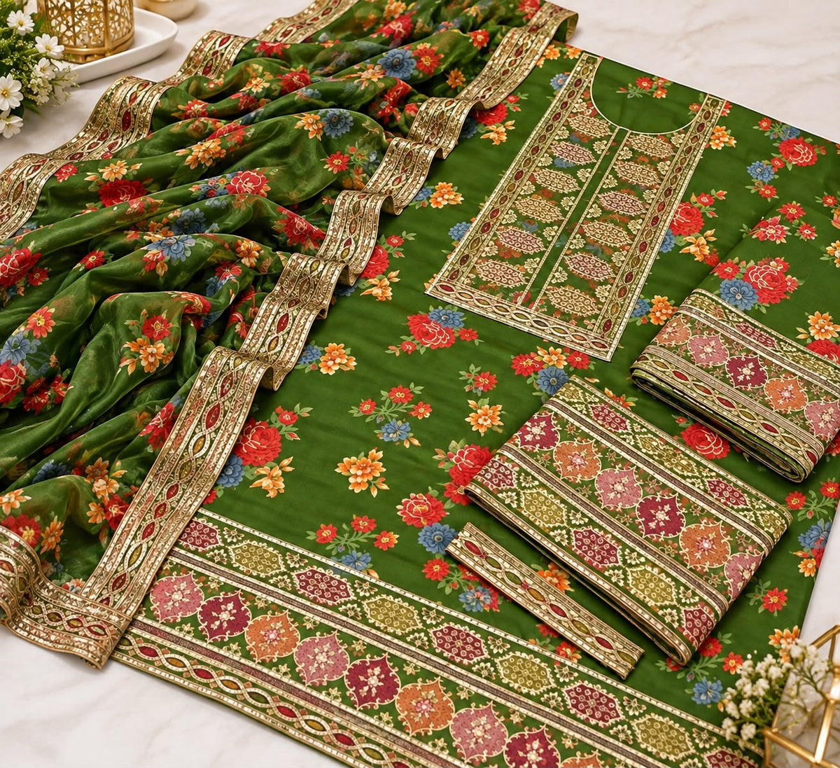 ANEELA’s PURE SILK WITH 4 side Lace Ready to Wear SILK DUPATTA