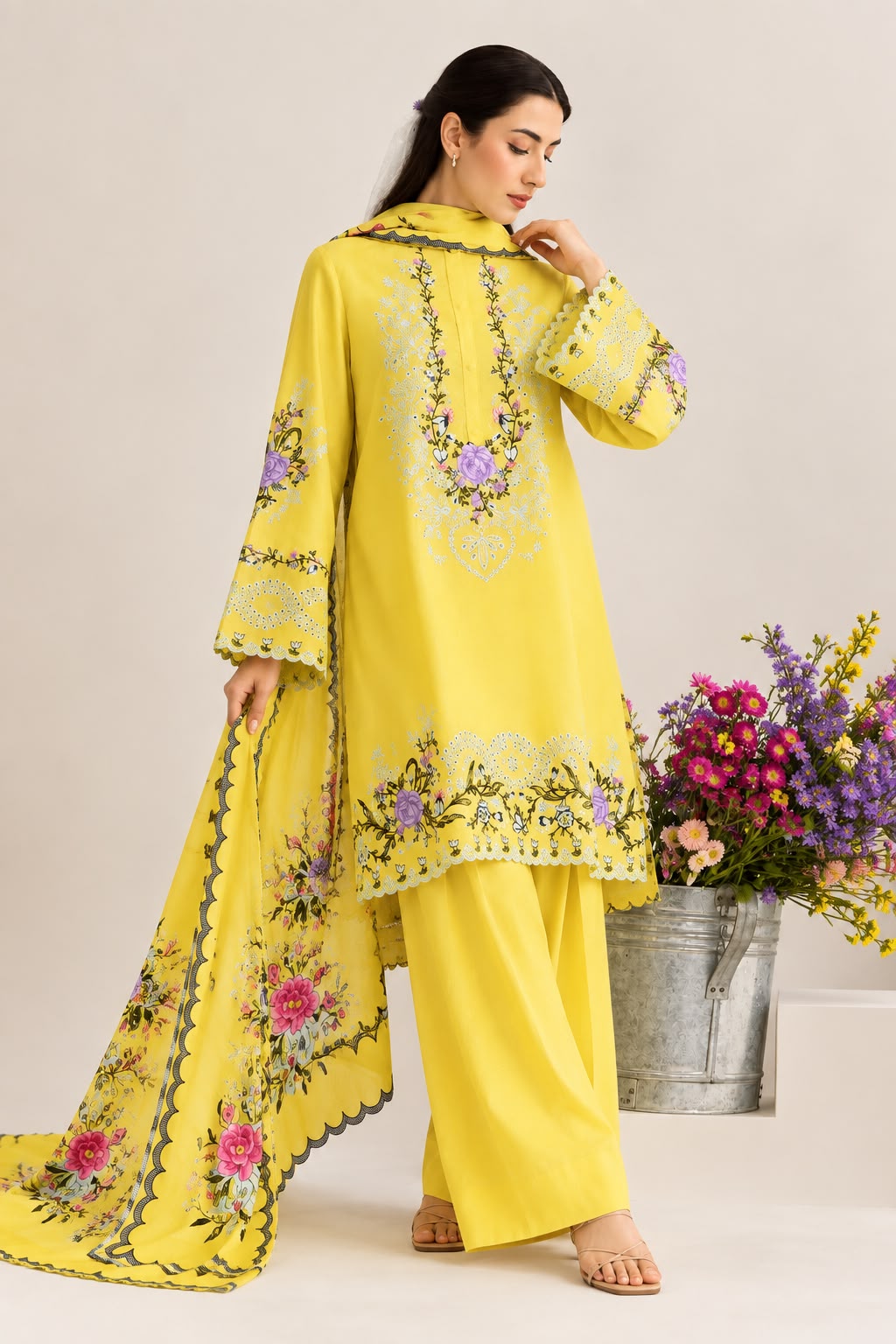 ANEELA’s  PURE SILK WITH 4 side Lace Ready to Wear SILK DUPATTA