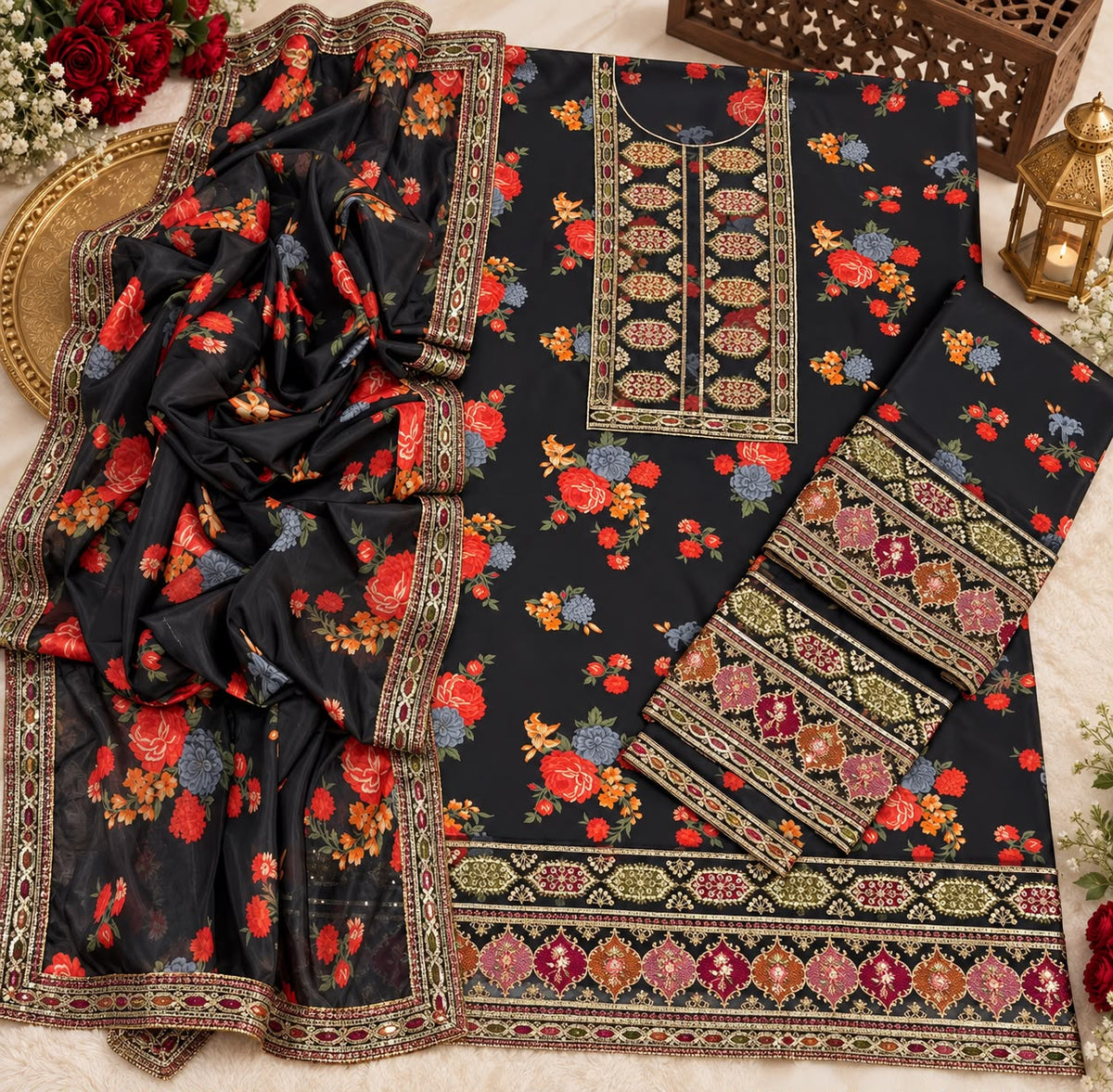 ANEELA’s PURE SILK WITH 4 side Lace Ready to Wear SILK DUPATTA