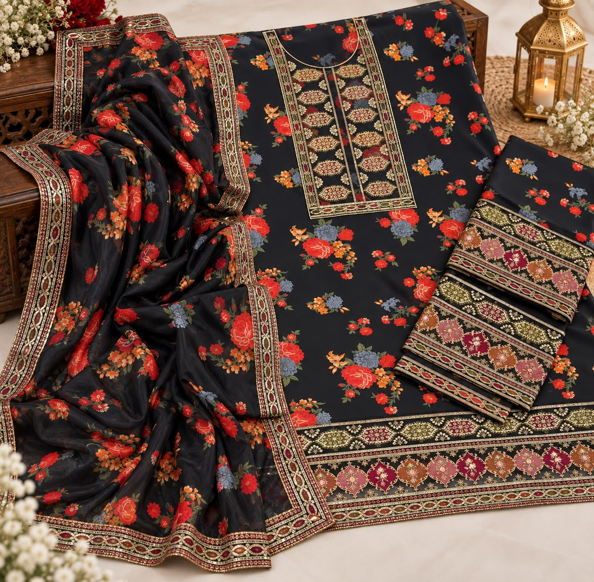 ANEELA’s PURE SILK WITH 4 side Lace Ready to Wear SILK DUPATTA